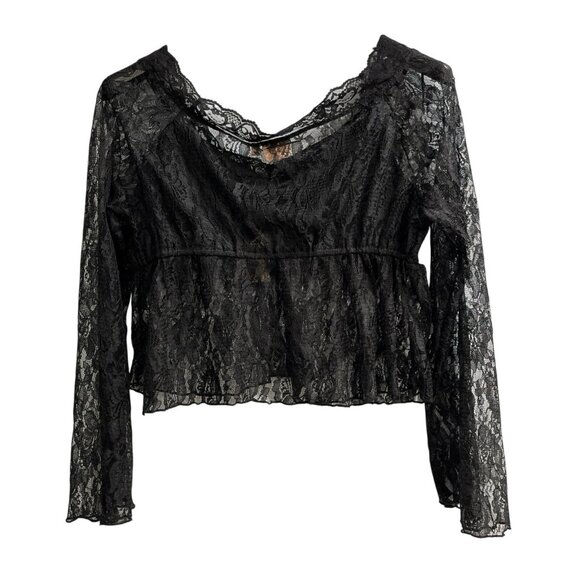 GLG Good Luck Gem Top M Black Lace Sheer Babydoll Crop Y2K Wimsigoth Fairy Witch - Picture 2 of 10